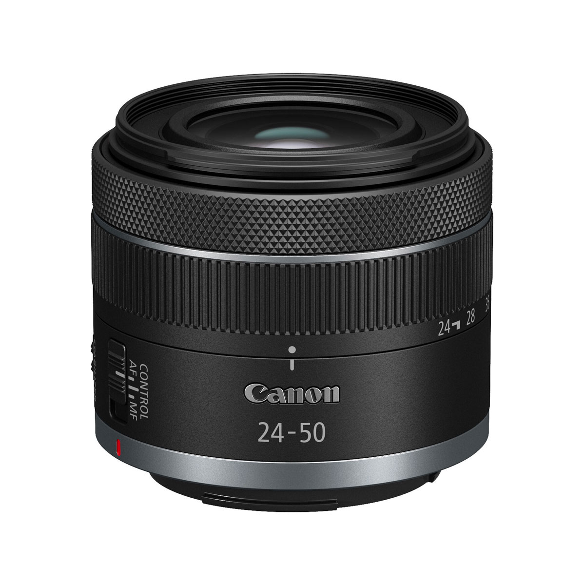 Canon RF 24-50mm F4.5-6.3 IS STM on musta objektiivi, jossa on hopeiset korostukset, kuvioitu tarkennusrengas, merkinnät Canon 24-50 ja CONTROL AF/MF sekä merkinnät polttoväleille 24mm ja 28mm.