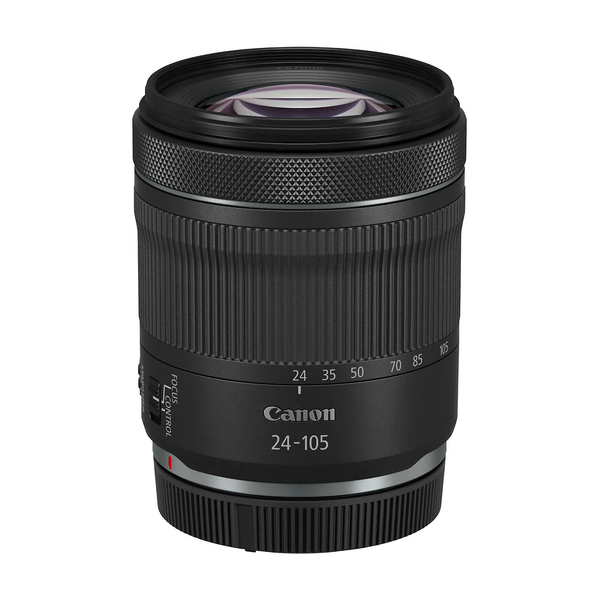 Canon RF 24-105mm f/4-7.1 IS STM -objektiivi seisoo pystyssä valkoisella taustalla, ja sen kuvioidut zoomaus- ja tarkennusrenkaat sekä selkeästi merkityt säätimet korostuvat.