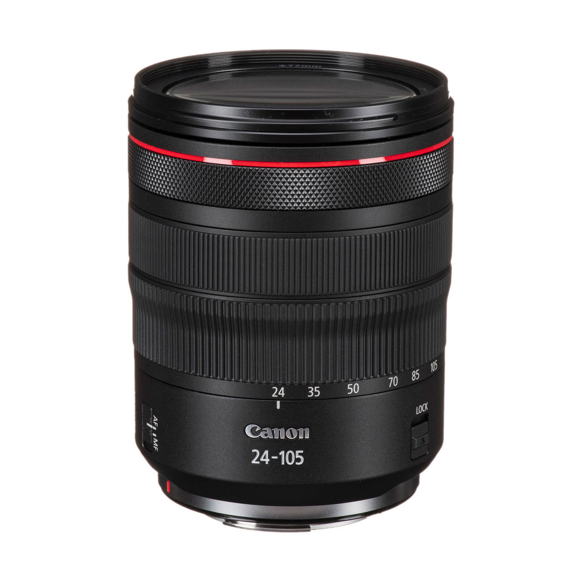 Canon RF 24-105mm f/4 L IS -kameran objektiivi, jossa on musta runko, punainen aksenttirengas, zoomausmerkinnät ja lukituskytkin, on kuvattu pystyasennossa valkoista taustaa vasten.