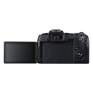 Canon EOS RP -järjestelmäkamera näkyy takaa LCD-näyttö vasemmalle käännettynä, ja sen oikealla puolella on useita painikkeita ja valitsimia sekä kuvioitu kahva.