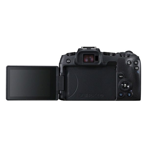 Canon EOS RP -järjestelmäkamera näkyy takaa LCD-näyttö vasemmalle käännettynä, ja sen oikealla puolella on useita painikkeita ja valitsimia sekä kuvioitu kahva.