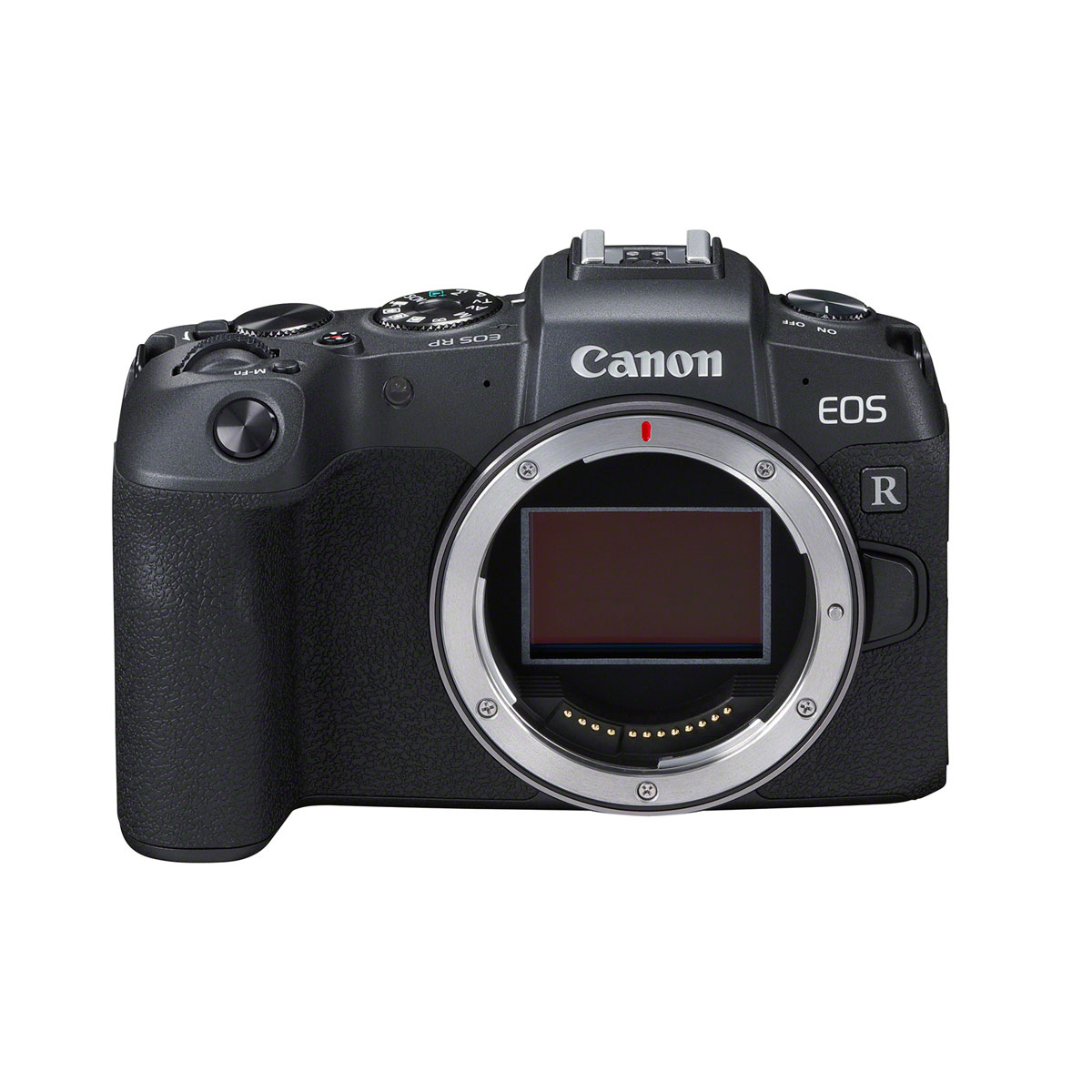 Canon EOS RP -järjestelmäkameran runko ilman objektiivia näkyy valkoisella taustalla, jolloin valotettu kenno ja kameran säätimet tulevat näkyviin.