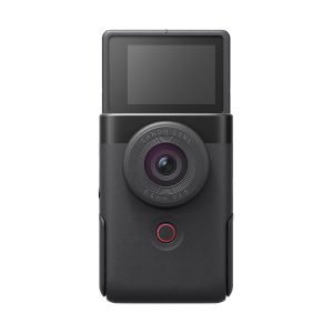 The Canon PowerShot V10 Black Compact Camera is a black compact camera with a visible circular lens, a rotating LCD screen and a red circular button below the lens against a white background.