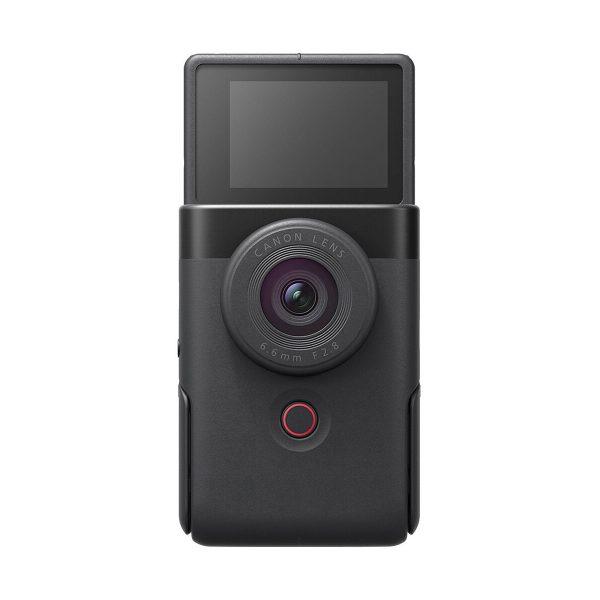 The Canon PowerShot V10 Black Compact Camera is a black compact camera with a visible circular lens, a rotating LCD screen and a red circular button below the lens against a white background.