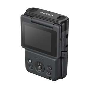 The Canon PowerShot V10 black compact camera is shown from the rear, with its LCD screen turned up along with various control buttons and ports.