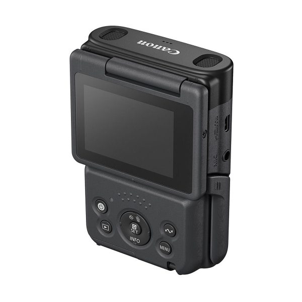 The Canon PowerShot V10 black compact camera is shown from the rear, with its LCD screen turned up along with various control buttons and ports.