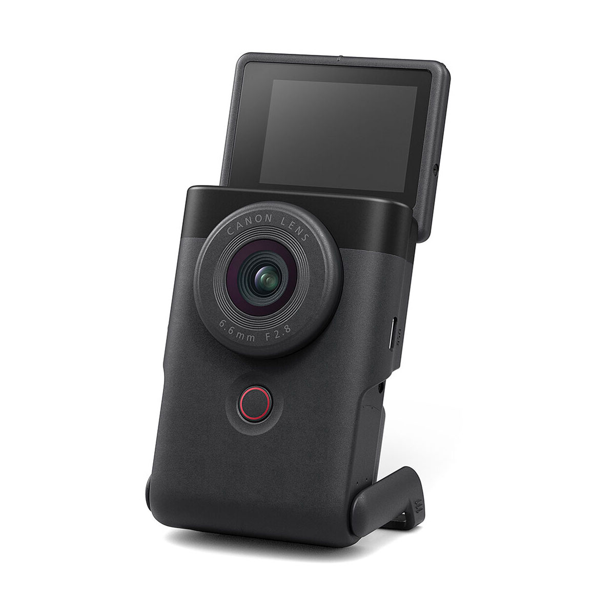 The Canon PowerShot V10 Black Compact Camera is a compact black camera with a large lens, a round button and a rotating LCD screen that appears upright against a white background.
