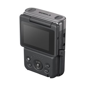 The Canon PowerShot V10 silver compact camera, shot from the rear against a white background, features a rotating LCD screen, side ports and control buttons.
