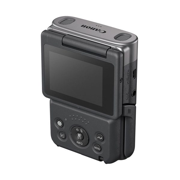 The Canon PowerShot V10 silver compact camera, shot from the rear against a white background, features a rotating LCD screen, side ports and control buttons.