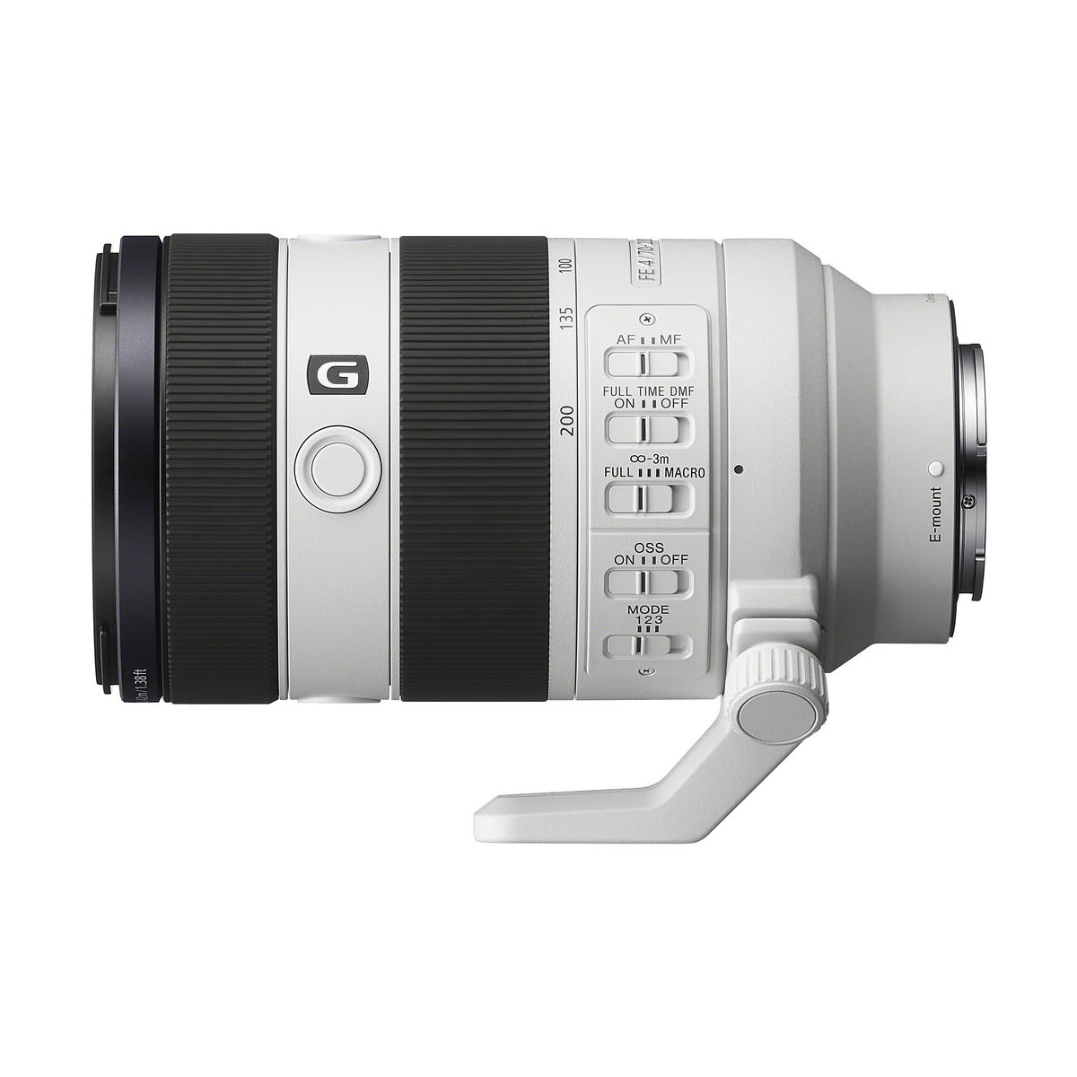 Sivukuva valkoisesta Sony FE 70-200 f/4 G OSS II -objektiivin telezoom-objektiivista, jossa on erilaisia kytkimiä, hallintalaitteita, jalustakiinnitysjalka ja Sony G -logo objektiivin rungossa.