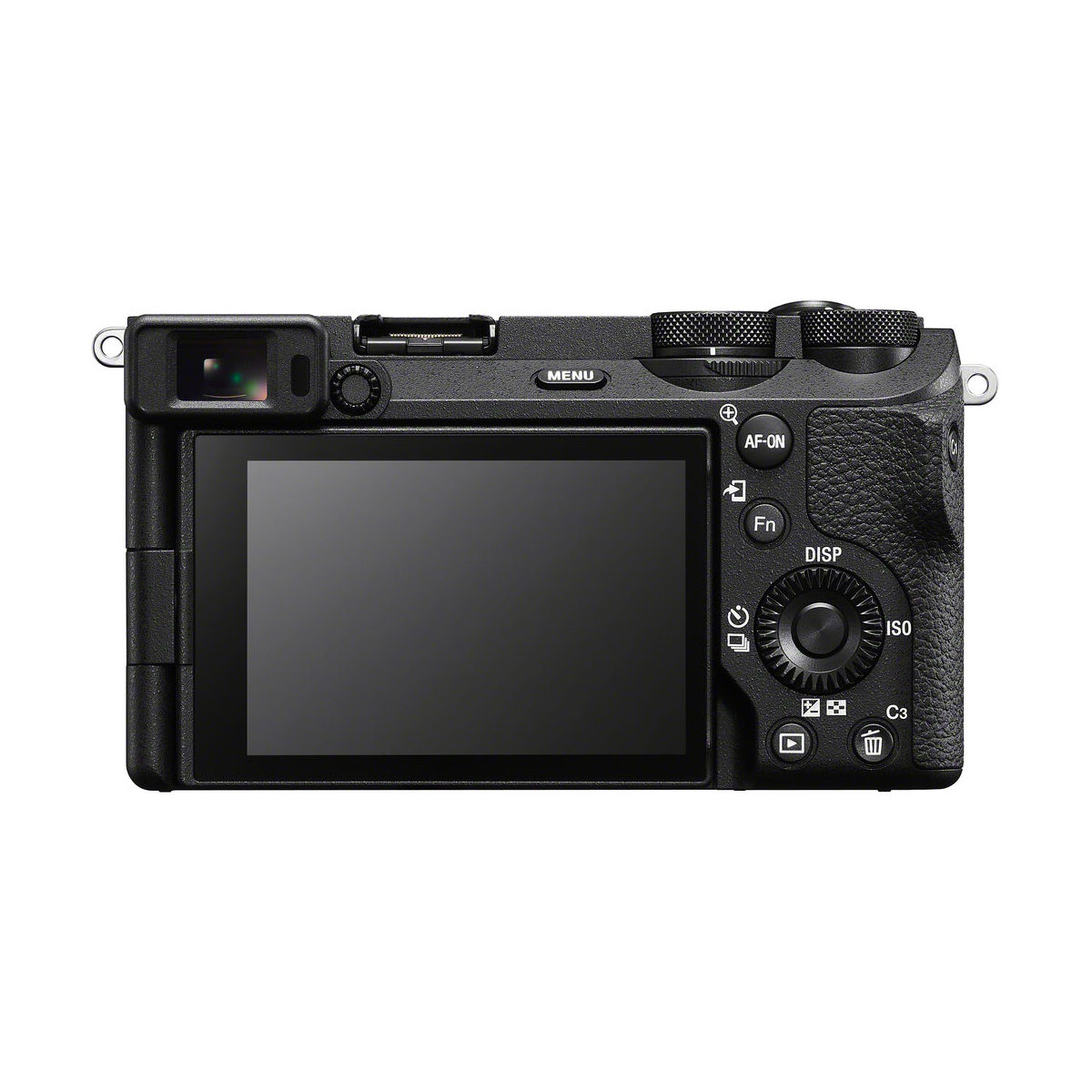Takanäkymä mustasta Sony A6700 -järjestelmäkamerasta, jossa on kuvioitu kädensija, LCD-näyttö, etsin ja ohjauspainikkeet ja valitsimet valikkoa, asetuksia ja navigointia varten. 100€ + 125€ kampanja.