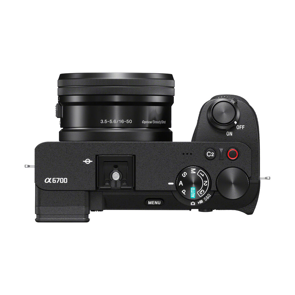 Sony A6700 + 16-50mm f/3.5-5.6 PZ OSS -kameran yläkuvassa näkyvät valintakiekot, painikkeet ja päälle/pois-kytkin. Sisältää 100€ + 125€ kampanja.