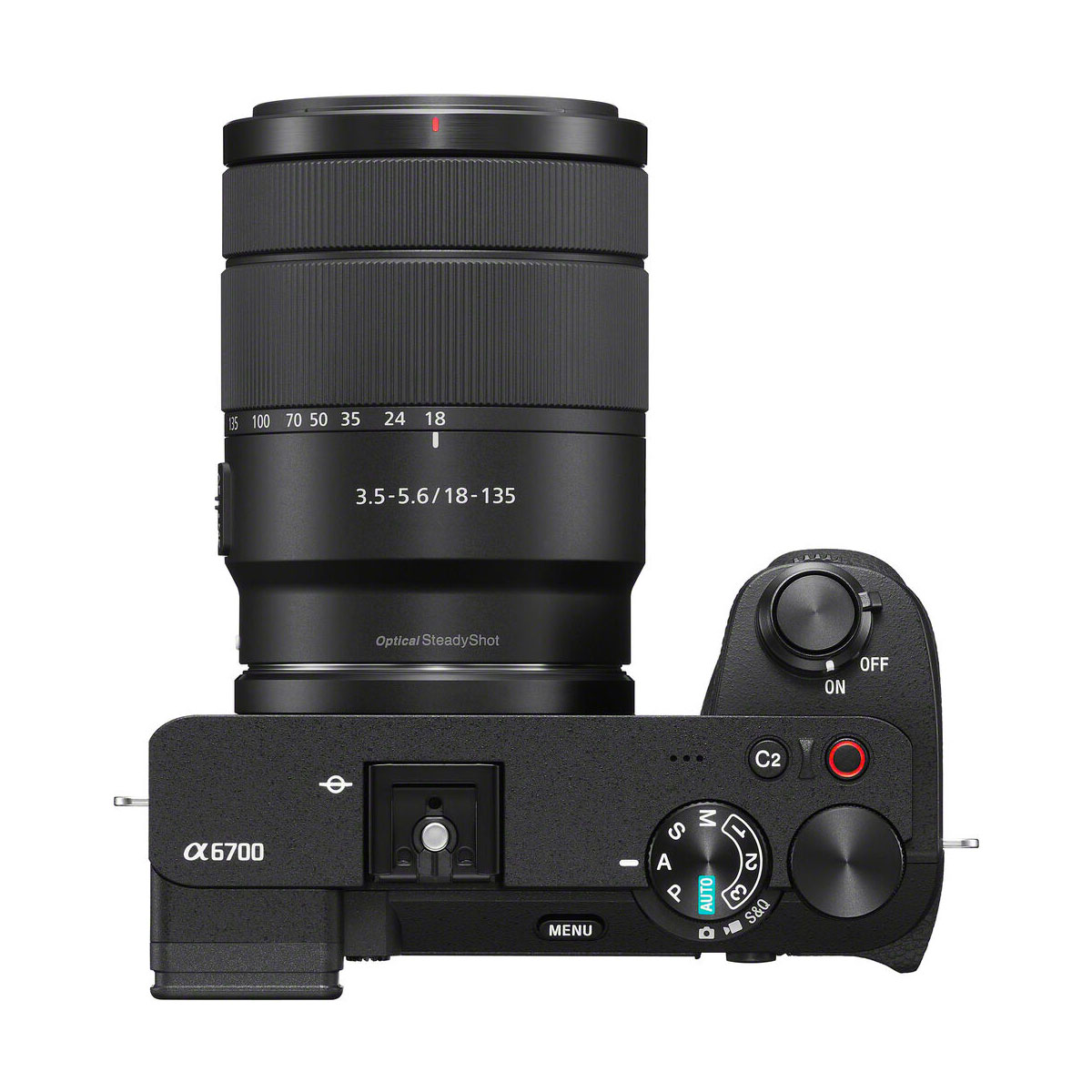sony_a6700_18-135mm_01 Sony A6700 + 18-135mm f/3.5-5.6 OSS (100€ + 125€ kampanja) ylhäältä, jossa näkyvät moodivalitsin, virtakytkin, suljinpainike ja ohjauspainikkeet.