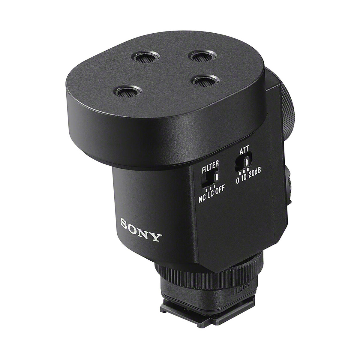 Sony ECM-M1 -mikrofoni on musta kameramikrofonisovitin, jonka yläosassa on kolme pyöreää porttia, sivusäätökytkimet ja pohjassa hot shoe -kiinnike, jonka avulla se on helppo kiinnittää kameraan.