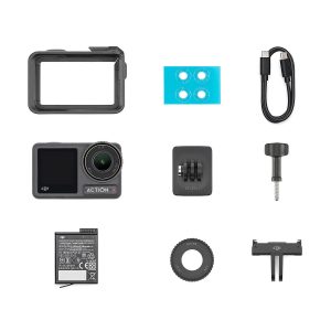 DJI_Osmo_4 DJI Osmo Action 4 Standard Combo -toimintakamerapakkauksen tasokuva, jossa on kamera, akku, objektiivin suojus, kiinnityskehys, ruuvit, USB-C-kaapeli, liimatyynyt ja kiinnitystarvikkeet valkoisella pohjalla.