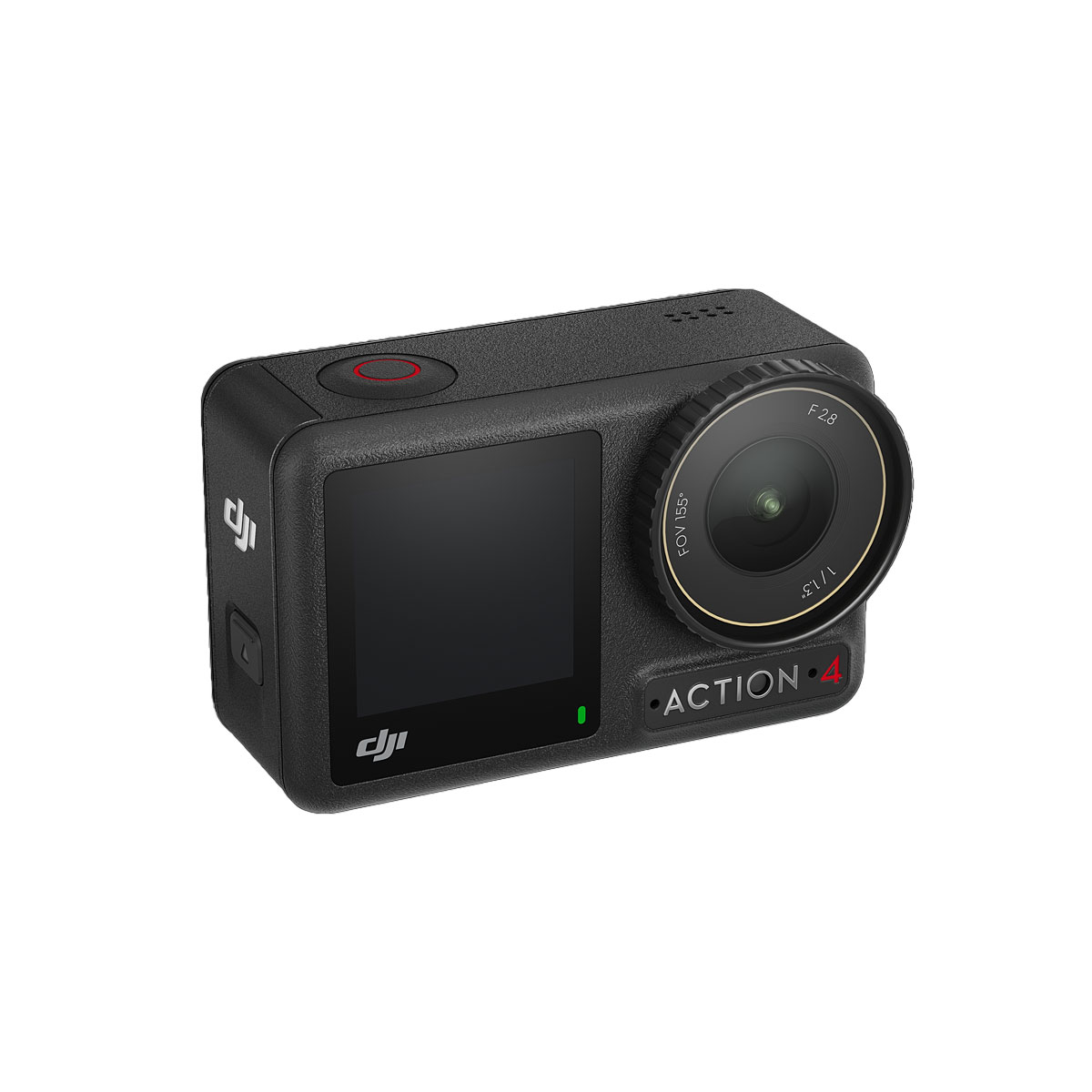 DJI_Osmo_Action_4_Standard_Combo_001 Musta DJI Osmo Action 4 Standard Combo -toimintakamera, jossa on etunäyttö, laajakulmaobjektiivi ja ylä-/sivupainikkeet, kuvattuna kulmasta, jotta sen brändi ja kompakti muotoilu tulevat esiin.