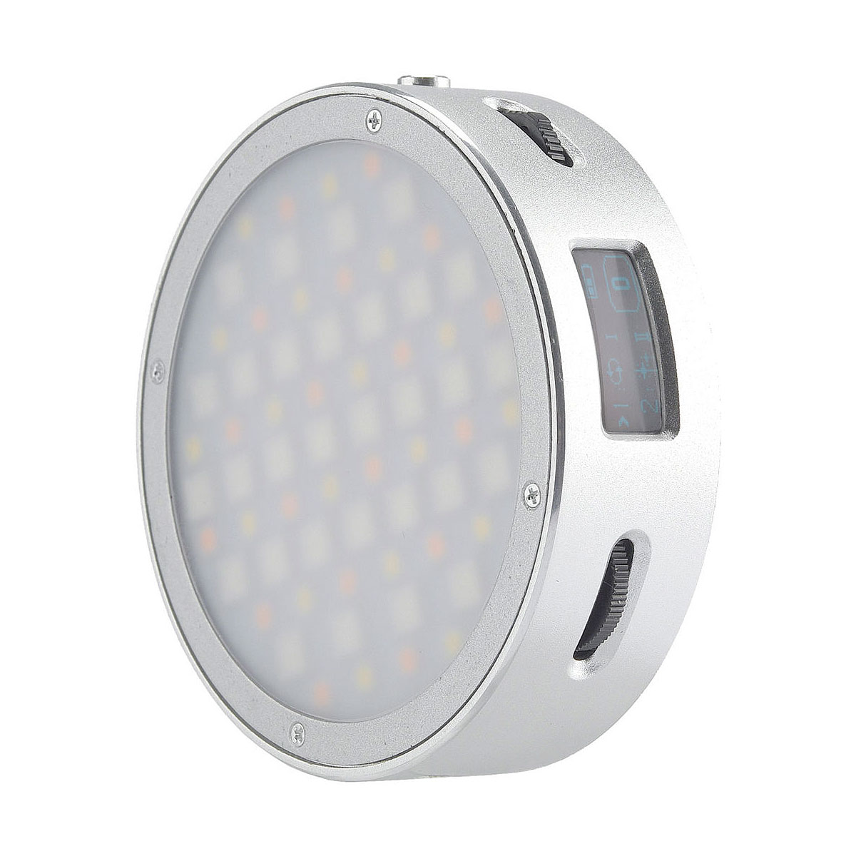 The Godox R1 is a round, silver-coloured LED luminaire with a frosted front lens, side control knobs and a small digital display for photographic or video use.