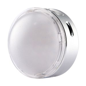 The Godox R1 is a small, round, silver-coloured, frosted plastic device with a clear dome-shaped lid, shown against a white background.