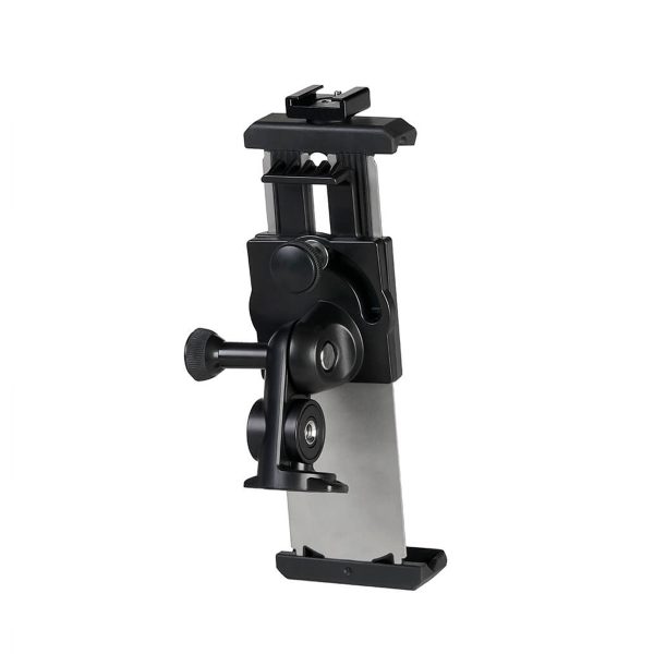 Joby GripTight Pro 2 Tablet Mount on musta säädettävä pidike, jossa on pyöriviä niveliä, kiinnitysmekanismi ja kiinnitystarvikkeet, jotka on suunniteltu tablettien tai vastaavien laitteiden turvalliseen pitämiseen. Kuvattu tavallista valkoista taustaa vasten.