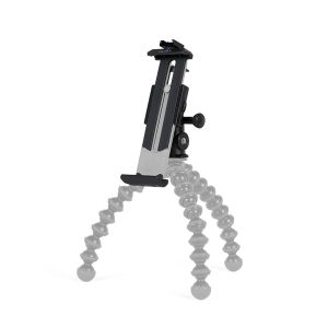 Joby GripTight Pro 2 -tablettiteline seisoo pystyasennossa valkoista taustaa vasten, ja siinä on segmentoidut joustavat jalat ja säädettävä pidike tableteille.