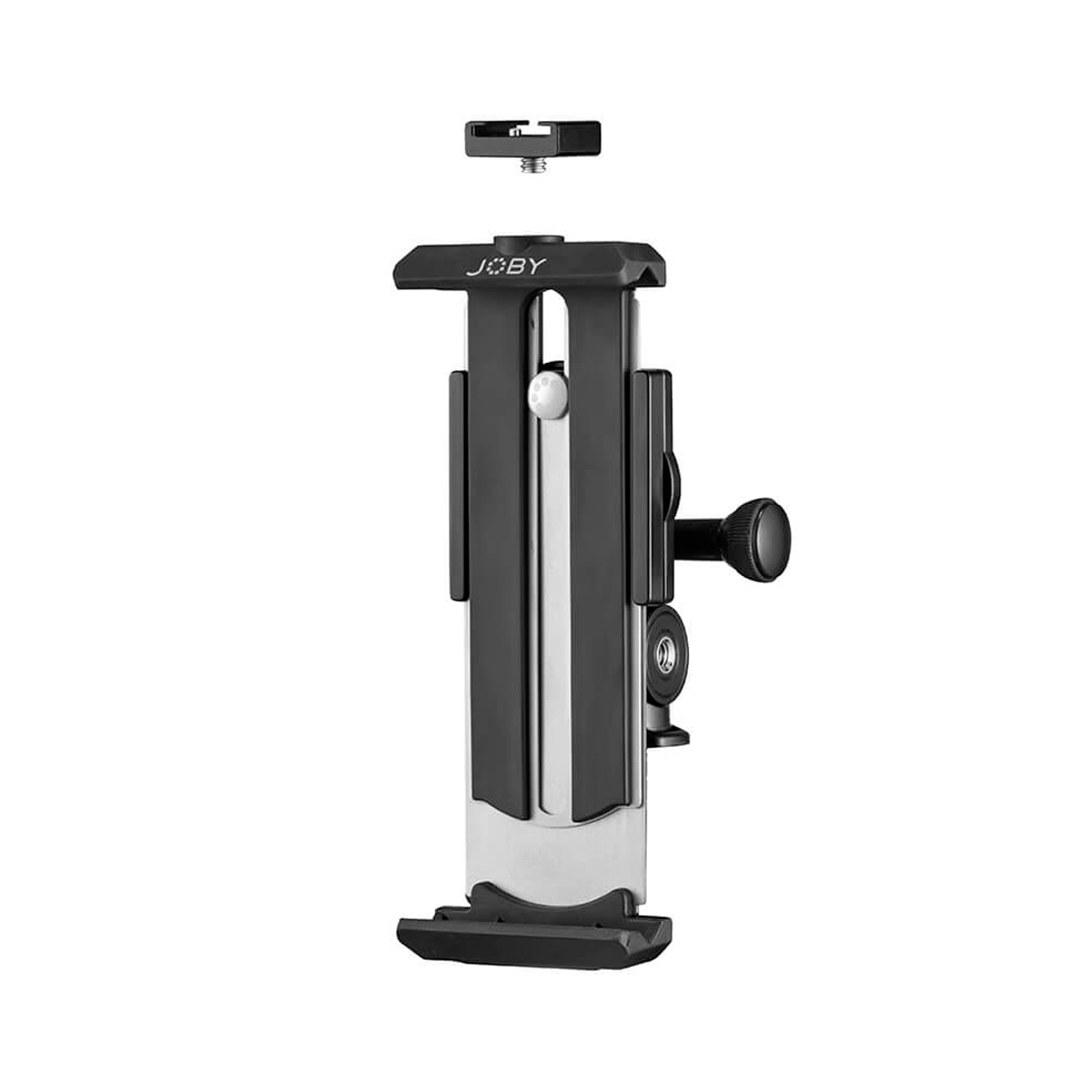 The Joby GripTight Pro 2 Tablet Mount is a black and silver adjustable holder with a screw knob on the side and a detachable top mount designed to be attached to a tripod or tripod stand.