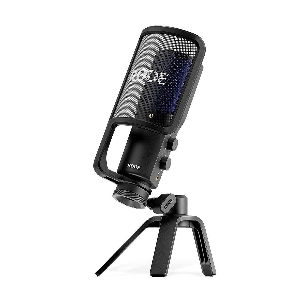 Musta Rode Videomic ME-C -pöytämikrofoni, jossa on sisäänrakennettu pop-suodatin ja säädettävä jalusta, kuvassa edestä vasemmalta. Mikrofonissa on kaksi säätönuppia ja "Rode"-brändinimi sekä ritilässä että jalustassa.