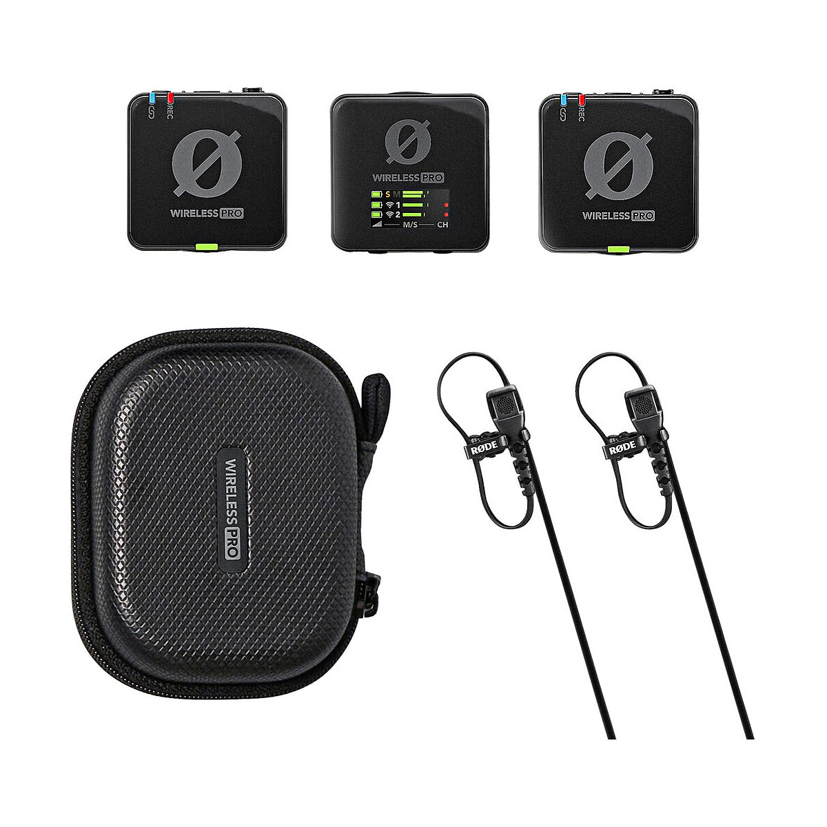 Rode Wireless Pro -langaton mikrofonijärjestelmä sisältää kaksi neliskulmaista lähetintä, vastaanottimen LED-merkkivaloilla, mustan kantolaukun sekä kaksi mustaa solmiomikrofonia klipseillä ja kaapeleilla.