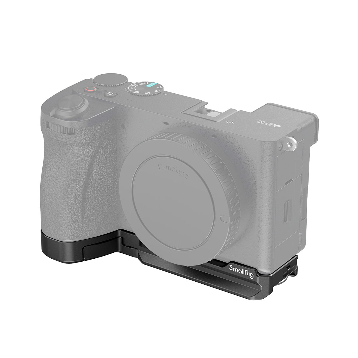 The camera with the lens mount cover is shown attached to the SmallRig 4338 Baseplate for Sony Alpha 6700, which forms an L-shaped bracket around the lower left corner of the camera. The camera body is partially transparent.