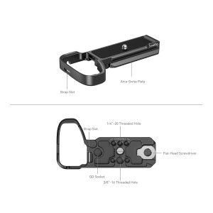 SmallRig 4338 Baseplate for Sony Alpha 6700 is a black camera accessory with strap hole, Arca-Swiss plate, 1/4-20 and 3/8-16 threaded holes, QD socket and flat head screwdriver, pictured from the side and bottom.