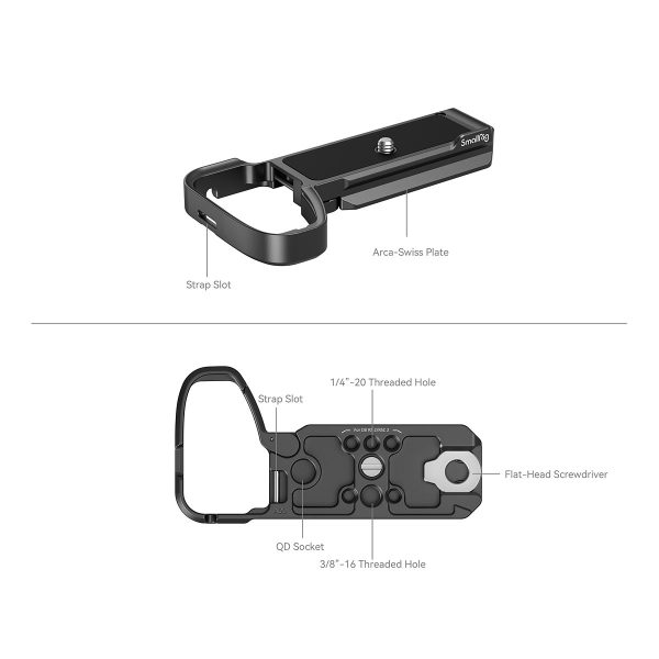 SmallRig 4338 Baseplate for Sony Alpha 6700 is a black camera accessory with strap hole, Arca-Swiss plate, 1/4-20 and 3/8-16 threaded holes, QD socket and flat head screwdriver, pictured from the side and bottom.