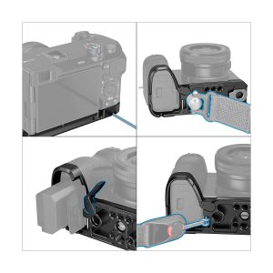 A four-screen image highlighting the SmallRig 4338 Baseplate for Sony Alpha 6700, showing battery access, strap attachment points and several connection ports on the bottom of the mirrorless camera.