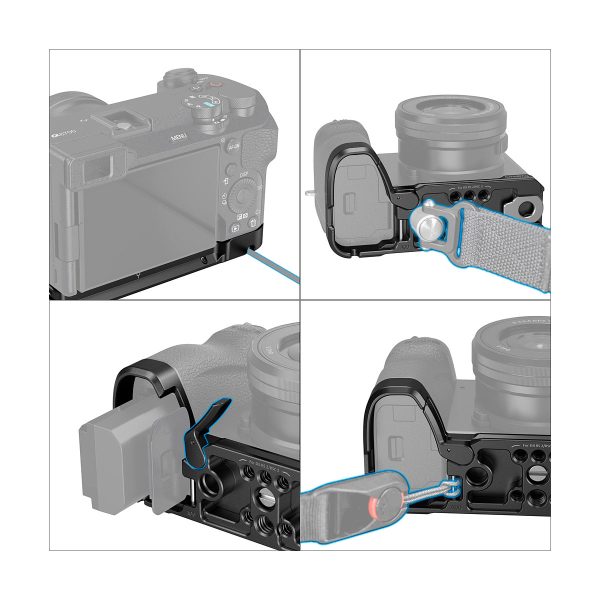 A four-screen image highlighting the SmallRig 4338 Baseplate for Sony Alpha 6700, showing battery access, strap attachment points and several connection ports on the bottom of the mirrorless camera.