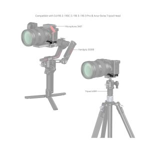 The SmallRig 4338 Baseplate for Sony Alpha 6700 is pictured mounted on a handheld gimbal with microphone and handle, and on a tripod. Markings indicate compatibility with DJI RS/RSC gimbals and Arca-Swiss tripod heads.