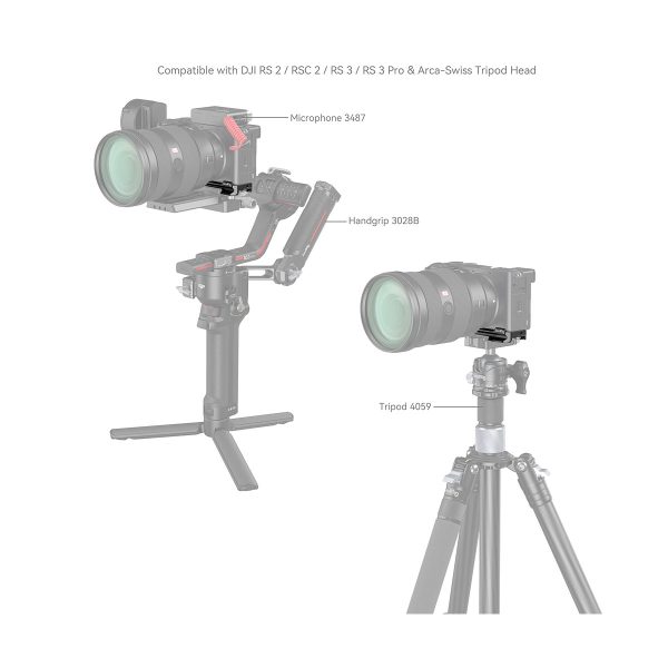 The SmallRig 4338 Baseplate for Sony Alpha 6700 is pictured mounted on a handheld gimbal with microphone and handle, and on a tripod. Markings indicate compatibility with DJI RS/RSC gimbals and Arca-Swiss tripod heads.