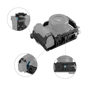 The SmallRig 4336 Cage Kit for the Sony Alpha 6700 is shown with close-ups of the battery compartment, camera grip and mounting points, highlighting key assembly and adjustment areas.