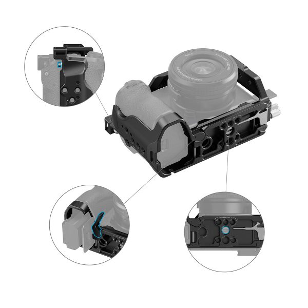 The SmallRig 4336 Cage Kit for the Sony Alpha 6700 is shown with close-ups of the battery compartment, camera grip and mounting points, highlighting key assembly and adjustment areas.