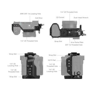 Diagram showing four views of the SmallRig 4336 Cage Kit for Sony Alpha 6700, with the following features marked: cold shoe, strap holes, QD plug, NATO rail, threaded holes, double-headed wrench, Arca-Swiss plate and locating holes.
