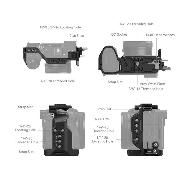 Diagram showing four views of the SmallRig 4336 Cage Kit for Sony Alpha 6700, with the following features marked: cold shoe, strap holes, QD plug, NATO rail, threaded holes, double-headed wrench, Arca-Swiss plate and locating holes.