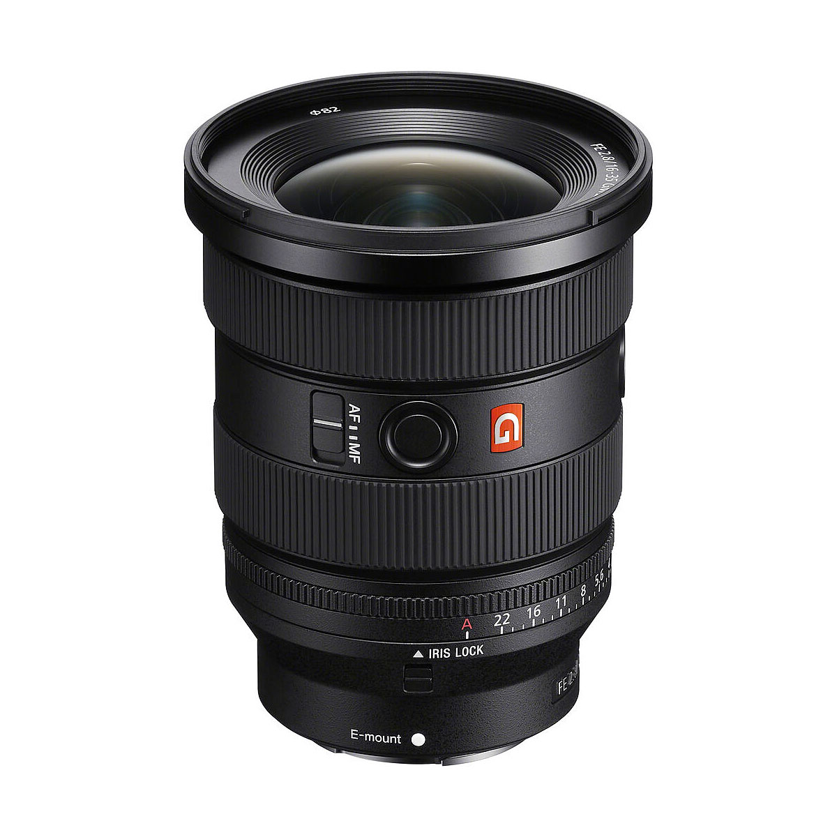 Musta Sony FE 16-35mm f/2.8 GM II -objektiivi, jossa on zoom- ja tarkennusrenkaat, aukon merkinnät ja AF/MF-kytkin, näkyy valkoista taustaa vasten. Lisävaihtohyvitys 100€.