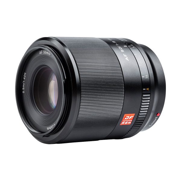 The Viltrox AF 50mm f/1.8 lens for Sony E is a black lens with a textured grip, focus and aperture markings, a red AF logo and a distance scale on the body. It is shown on a white background.