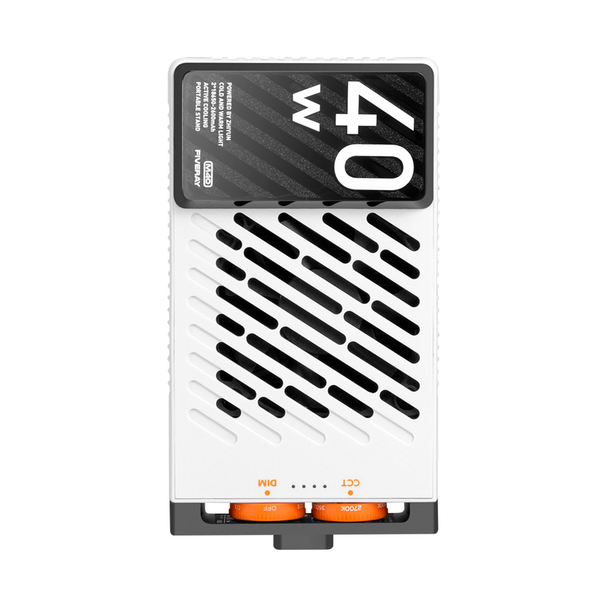 Zhiyun Fiveray M40 Pocket Light on valkoinen suorakaiteen muotoinen 40 watin laite, jossa on mustat diagonaaliset tuuletusaukot, oranssi säätönuppi alareunassa ja musta näyttö, jonka yläosassa lukee "40W".