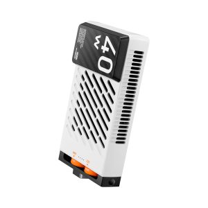 The Zhiyun Fiveray M40 Pocket Light is a white, rectangular device with black vents and a black top panel marked "40". It has orange and black switches and indicator lights near the bottom, visible against a white background.