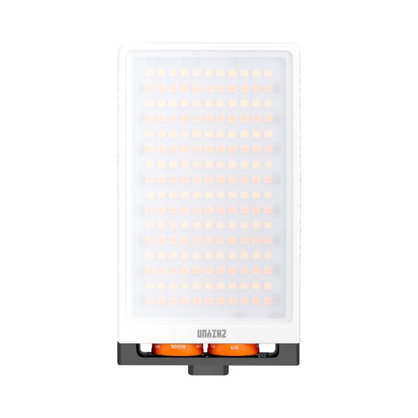 The Zhiyun Fiveray M40 Pocket Light is a rectangular portable LED panel with several small orange LED lights in a grid inside a white housing, two orange control dials and a small display on the bottom.