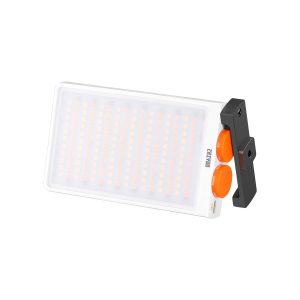 Zhiyun Fiveray M40 Pocket Light - rectangular LED panel with orange control wheels and black bracket on the side, shown against a white background.