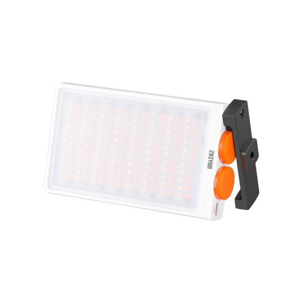 Zhiyun Fiveray M40 Pocket Light - rectangular LED panel with orange control wheels and black bracket on the side, shown against a white background.