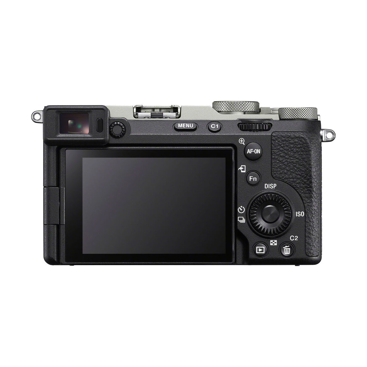 Mustan Sony A7C II -järjestelmäkameran (100€ Cashback) takakuva, jossa näkyy suuri LCD-näyttö, useita painikkeita, säätöpyörät ja elektroninen etsin vasemmalla. Hopeiset korostukset korostavat sen tyylikästä muotoilua.