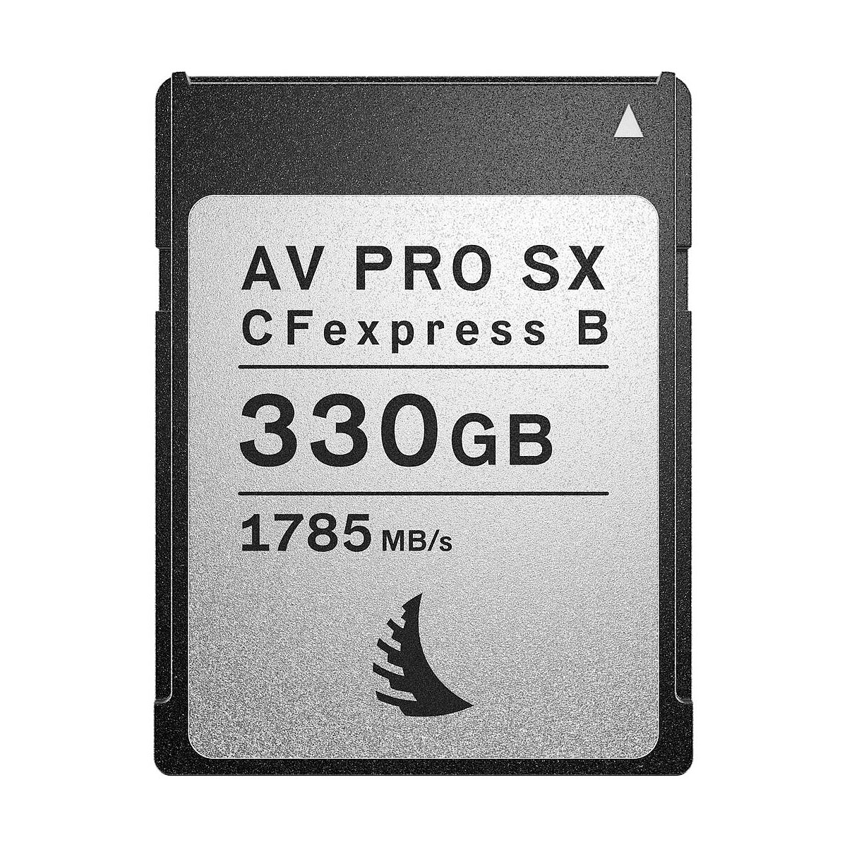 ANGELBIRD AV PRO AV PRO Type B CFexpress SX 330GB on hopeanvärinen ja musta muistikortti, jossa on merkintä AV PRO SX, jonka kapasiteetti on 330 Gt ja nopeus jopa 1785 MB/s.