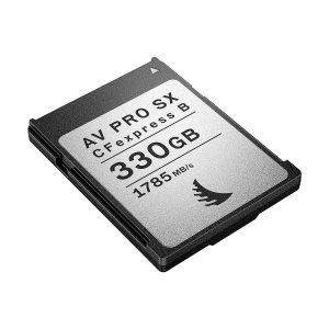 ANGELBIRD AV PRO Type B CFexpress SX 330GB memory card, black and silver, with a read speed of 1785 MB/s, shown top down.