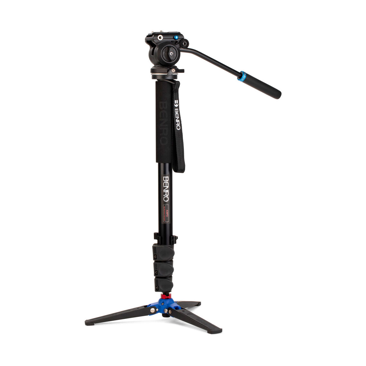 Benro Monopod Kit Alu A38F + S2 PRO Head on musta monopodi, jossa on panoraamakahva, säädettävät osat ja kokoontaitettava kolmijalkainen jalusta, kuvassa pystyssä valkoisella pohjalla.