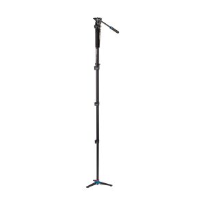 Benro Monopod Kit Alu A38F + S2 Head on musta alumiininen monopodi, jossa on kolme kokoontaitettavaa jalkaa vakauden takaamiseksi, kolmiosainen teleskooppirunko ja nestemäinen kallistuspää, jossa on kahva kameran sulavaa liikuttelua varten.